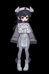  1girl aircraft airplane black_background black_hair canards chengdu_j-10 hat highres jitome mecha_musume military_vehicle nurse_cap original pckcool pelvic_curtain people's_liberation_army people's_liberation_army_air_force personification red_eyes red_nails red_star solo star_(symbol) twintails_with_hair_base 