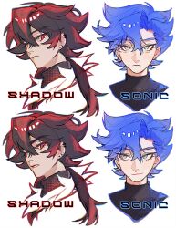  2boys black_hair blue_hair bun27_4 character_name closed_mouth cropped_shoulders ear_piercing flipped_hair green_eyes hair_between_eyes highres humanization long_hair looking_at_another looking_at_viewer male_focus multiple_boys parted_lips piercing ponytail portrait red_eyes red_hair shadow_the_hedgehog short_hair simple_background smirk sonic_(series) sonic_the_hedgehog spiky_hair straight-on white_background 