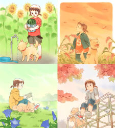  4girls animal_collar autumn autumn_leaves bad_id bag black_eyes blue_flower blue_jacket blue_pants blue_shorts blue_sky blue_sleeves blunt_bangs brown_collar brown_eyes brown_fur brown_hair brown_tail bucket bug buttons capri_pants collar collared_jacket colorful commentary_request cowboy_shot cropped_jacket day denim denim_jacket dog downturned_eyes dragonfly faucet field flower flower_request food from_above from_side fruit full_body green_sky grey_bag grey_jacket grey_shorts grey_sleeves handbag holding holding_bucket hood hood_down hoodie hose jacket jungle_gym koike_sadaji laces lake layered_sleeves leaf legs_apart long_sleeves looking_at_another low_twintails multiple_girls multiple_views number_print open_clothes open_jacket orange_sky original outdoors pants playground pocket print_shirt red_collar red_flower red_leaf red_shirt red_shoes red_sleeves shirt shoes short_over_long_sleeves short_sleeves short_twintails shorts sitting sky sleeping slice_of_life smile sneakers solid_circle_eyes split_mouth standing summer sunflower t-shirt tongue tongue_out twintails water watermelon white_sleeves wing_collar yellow_hood yellow_hoodie 