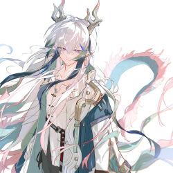 1boy absurdres arknights blue_hands blue_streaks chinese_commentary closed_mouth colored_extremities commentary_request dragon_boy dragon_horns dragon_tail earrings eastern_dragon_horns eastern_dragon_tail green_streaks grey_hair hair_between_eyes highres horns jacket jewelry linduing long_hair long_sleeves looking_at_viewer male_focus multicolored_hair ofuda_earrings pink_eyes pointy_ears shirt sidelocks simple_background smile solo streaked_hair tail upper_body white_background white_hair white_jacket white_shirt yi_(arknights) 