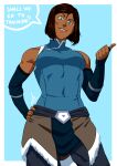  1girl ? absurdres avatar_legends blue_background blue_eyes border breasts brown_hair commentary covered_navel cowboy_shot dark-skinned_female dark_skin english_commentary english_text hand_on_own_hip highres korra looking_at_viewer mastrocecchi medium_breasts short_hair simple_background solo speech_bubble the_legend_of_korra white_border 