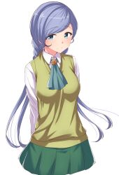  1girl arms_behind_back ascot asymmetrical_bangs blue_eyes braid cinderella_series closed_mouth commentary_request garukichi green_ascot green_skirt grey_hair hachigatsu_no_cinderella_nine highres long_hair onizuka_kiri shirt skirt solo sweater_vest twin_braids white_background white_shirt yellow_sweater_vest 