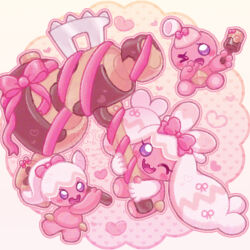  3girls bow commentary_request hair_bow hammer heart highres holding holding_hammer huge_weapon multiple_girls no_humans pink_fur pink_hair pink_ribbon pink_theme pokemon pokemon_(creature) pokemon_sv ribbon shizucha tinkatink tinkaton tinkatuff twintails violet_eyes weapon 