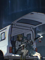  2girls ^_^ absurdres aurora blonde_hair blue_hair blue_sky closed_eyes coat commentary_request cup dress feet_out_of_frame grey_dress grey_pants highres hissabeth holding holding_cup instant_cup_noodles instant_noodles jacket kani_(kaniya) leaning_on_person motor_vehicle multiple_girls night open_mouth outdoors pants pointer_(reverse:1999) profile reverse:1999 robot_ears short_dress short_hair side-by-side sky smile snake snake_on_head steam van white_coat white_jacket yellow_eyes 