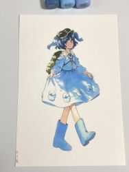  1girl aqua_boots aqua_hair aqua_shirt aqua_skirt art_tools_in_frame artist_name backpack bag boots closed_mouth commentary_request full_body green_bag green_hat hat highres kawashiro_nitori key long_sleeves looking_at_viewer marker marker_(medium) medium_hair pocket shiratama_(hockey) shirt signature skirt skirt_hold smile solo touhou traditional_media two_side_up walking 
