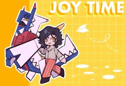  1girl :> archaludon assault_vest_(pokemon) badfish08 black_hair black_shoes closed_eyes closed_mouth clothed_pokemon colored_teeth dotted_line english_text eyelashes grey_jacket grid_background jacket long_sleeves lower_teeth_only medium_hair naranja_academy_school_uniform open_mouth orange_pants outline pants paper_airplane pokemon pokemon_(creature) pokemon_sv red_teeth red_vest school_uniform sharp_teeth shoes slit_pupils smile striped_clothes striped_pants teeth vertical-striped_clothes vertical-striped_pants vest white_outline yellow_background yellow_eyes 