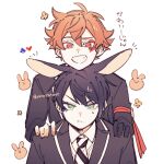  2boys ace_trappola animal_ears closed_mouth deuce_spade extra facial_mark heart_on_cheek highres male_focus multiple_boys open_mouth orange_hair rabbit_boy rabbit_ears red_eyes rutu sketch smile teeth translation_request twisted_wonderland twitter_username unhappy white_background 