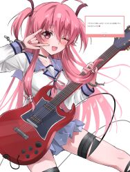  1girl \m/ ahoge angel_beats! black_choker blue_sailor_collar blue_skirt blue_wrist_cuffs blush choker collarbone commentary_request cross_hair_ornament demon_tail electric_guitar fake_tail fang guitar hair_ornament handcuff_dangle highres holding holding_guitar holding_instrument instrument long_hair marshmallow_(site) neckerchief open_mouth pink_eyes pink_hair pink_neckerchief pleated_skirt sailor_collar school_uniform serafuku shinda_sekai_sensen_uniform shirt simple_background single_handcuff skirt smile solo tail thigh_strap two_side_up user_vkcr5455 white_background white_shirt wrist_cuffs yui_(angel_beats!) 