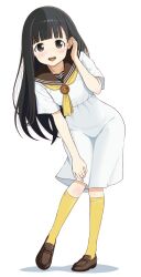  1girl adjusting_hair black_hair blunt_bangs blush brown_eyes brown_sailor_collar brown_serafuku commentary dress full_body hand_on_own_knee hand_up highres leaning_forward loafers long_hair looking_at_viewer make_heroine_ga_oo_sugiru! momozono_junior_high_school_uniform neckerchief nukumizu_kaju open_mouth rora_(user_vgpk4444) sailor_collar sailor_dress school_uniform serafuku shoes short_sleeves simple_background socks solo standing straight_hair summer_uniform teeth upper_teeth_only white_background white_dress yellow_neckerchief yellow_socks 