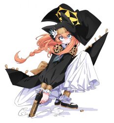  animal_ear_headwear animal_ears black_veil blue_archive blue_eyes commentary_request crazy_eyes desert_eagle dr_yamero flower gun halo handgun hat hat_flower highres mari_(blue_archive) nun orange_hair shell_casing sisterhood_(blue_archive) smoke smoking_barrel veil weapon yellow_halo 