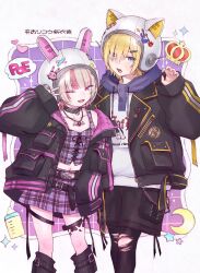  1boy 1girl ;d aida_(ai_d_2) animal_ear_helmet animal_ears animal_helmet arm_belt baby_bottle bat_necklace belt belt_buckle black_belt black_collar black_jacket black_leg_warmers black_leggings black_shorts black_straps blonde_hair blue_hood blunt_bangs blush border bottle buckle cat_ears caution chain chain_necklace claw_pose clothes_writing collar collarbone colored_inner_hair crescent crop_top cross-laced_clothes cross-laced_top crown drawstring fake_animal_ears fang feet_out_of_frame flame_print green_eyes grey_hair grid_background hair_ornament hair_over_one_eye hairclip hand_up heart heart_sticker helmet highres hood hood_down hoodie jacket jewelry lapels leg_belt leg_tattoo leg_warmers leggings lightning_bolt_print looking_at_viewer loose_belt makaino_ririmu makaino_ririmu_(6th_costume) midriff miniskirt multicolored_hair multiple_belts navel necklace nijisanji notched_lapels o-ring_collar one_eye_closed open_belt open_clothes open_jacket open_mouth outside_border pendant pink_belt pink_hair pink_jacket pink_skirt pink_streaks plaid_clothes plaid_skirt pocket pointy_ears print_hoodie purple_background rabbit_ears red_eyes short_hair shorts skirt sleeves_past_wrists smile space_helmet sparkle speech_bubble spiked_collar spikes standing star_(symbol) star_sticker sticker streaked_hair studded_belt tattoo thigh_strap torn_clothes torn_leggings two-sided_fabric two-sided_jacket two-tone_hair unbuttoned unzipped uzuki_kou uzuki_kou_(5th_costume) v virtual_youtuber wallet_chain white_border white_helmet white_hoodie winged_heart winged_heart_tattoo wolf_cut yellow_trim 