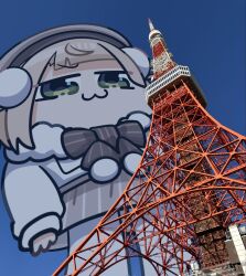  1girl :3 beret black_bow black_bowtie blonde_hair bow bowtie chibi chibi_only commentary_request giant giantess green_eyes grey_hat grey_skirt hair_ornament hat highres indie_virtual_youtuber jacket kakue_gaku medium_hair pantyhose photo_inset pom_pom_(clothes) pom_pom_hair_ornament real_world_location shigure_ui_(vtuber) skirt solo striped_bow striped_bowtie striped_clothes striped_skirt tokyo_(city) tokyo_tower v-shaped_eyebrows vertical-striped_clothes vertical-striped_skirt virtual_youtuber white_jacket white_pantyhose 