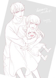  1boy 2girls :d ^_^ adoptive_parent_and_adoptive_child anya_(spy_x_family) blush child closed_eyes collarbone commentary_request family father_and_daughter grey_background greyscale group_hug hairband highres hug hug_from_behind husband_and_wife lifting_person long_hair long_sleeves monochrome mother_and_daughter multiple_girls open_mouth pants shirt shoes short_hair short_sleeves smile socks spy_x_family standing strong sunbo_zatta t-shirt teeth translation_request twilight_(spy_x_family) upper_teeth_only very_short_hair yor_briar 