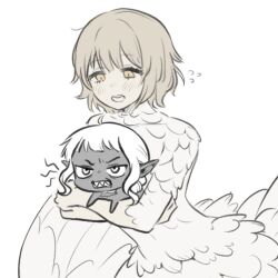  1boy 1girl blonde_hair chimera clenched_teeth dungeon_meshi elf falin_touden falin_touden_(chimera) feathers holding holding_chibi mayo_(mayo88meshi) monster_girl open_mouth pointy_ears short_hair sidelocks simple_background sketch sweatdrop teeth thistle_(dungeon_meshi) upper_teeth_only white_background white_eyes white_feathers wings yellow_eyes 