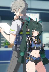 1boy 1girl back-to-back dark_green_hair long_hair police_uniform qingyi_(zenless_zone_zero) short_hair twintails wise_(zenless_zone_zero) zenless_zone_zero