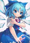  1girl blue_bow blue_dress blue_eyes blue_hair blue_nails blush bow cirno closed_mouth collared_shirt detached_wings dress fairy fingernails gunjou_row hair_bow highres ice ice_wings nail_polish pinafore_dress shirt short_hair short_sleeves simple_background solo touhou white_background white_shirt wings 
