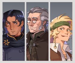  1girl 2boys angouleme black_hair blonde_hair border brown_cloak brown_eyes brown_jacket character_request cloak collared_shirt commentary emiel_regis english_commentary facial_hair glasses green_headband grey_border grey_hair headband highres jacket looking_at_viewer multiple_boys mutton_chops onlymagpie shirt the_witcher_(series) tongue tongue_out white_shirt 