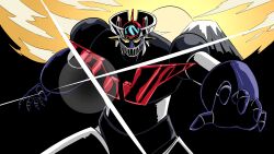  absurdres aircraft airplane armor blue_armor clouds commentary deputy_rust english_commentary glowing glowing_eyes highres horns mazinger_(series) mazinger_z mazinger_z_(mecha) mecha mecha_focus mountain mountaintop no_humans open_hand pilder red_armor robot science_fiction solo sparkle standing sun super_robot upper_body weapon yellow_eyes 