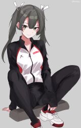  1girl black_jacket black_pants commentary_request full_body grey_eyes grey_hair highres jacket kantai_collection long_hair looking_at_viewer miron_(mirona33) multicolored_jacket pants shoes sitting sneakers solo twintails twitter_username two-tone_jacket yoga_pants zuikaku_(kancolle) 