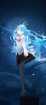  1girl absurdres ahoge axleaki barefoot black_skirt blue_eyes blue_hair bow bowtie closed_mouth denpa_onna_to_seishun_otoko floating_hair frilled_skirt frills full_body highres light_blue_hair light_particles long_hair long_sleeves looking_at_viewer night outdoors red_bow red_bowtie shirt skirt sky sky_background sleeves_past_wrists solo standing star_(sky) starry_sky tiptoes touwa_erio white_shirt 