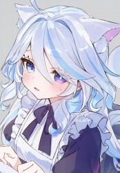  1girl ahoge alternate_costume animal_ear_fluff animal_ears apron black_bow black_bowtie black_dress blue_eyes blue_hair blue_pupils bow bowtie cat_ears commentary dress drop-shaped_pupils fang frilled_apron frills furina_(genshin_impact) genshin_impact grey_background grid_background hair_between_eyes hair_intakes heterochromia highres kemonomimi_mode light_blush long_hair looking_at_viewer maid_apron mismatched_pupils multicolored_hair open_mouth skin_fang solo streaked_hair sweatdrop symbol-shaped_pupils tennensui_(midorinokaibutu4500) twitter_username upper_body white_apron white_hair 