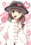  1girl asymmetrical_hair bow brown_hair candy chinese_clothes chocolate fedora food hand_in_pocket hat hat_bow heart heart-shaped_chocolate looking_at_viewer myouga_teien one-hour_drawing_challenge retrospective_53_minutes smile touhou upper_body usami_renko valentine wide_sleeves 