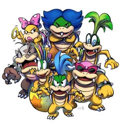  1girl 6+boys armlet ball blue_hair bow claws colored_skin fangs green_hair highres iggy_koopa jewelry larry_koopa lemmy_koopa looking_at_viewer ludwig_von_koopa mari_luijiroh masanori_sato_(style) morton_koopa_jr. multiple_boys pink_bow pink_lips roy_koopa simple_background spiked_armlet sunglasses super_mario_bros. wendy_o._koopa white_background yellow_skin 