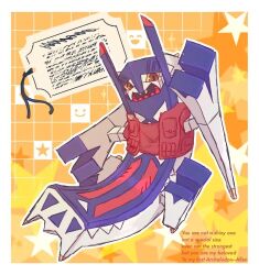  archaludon artist_name assault_vest_(pokemon) badfish08 blush border brown_eyes clothed_pokemon colored_sclera colored_teeth english_text full_body grid_background lower_teeth_only no_humans open_mouth outline pokemon pokemon_(creature) pokemon_focus red_teeth red_vest sharp_teeth solo star_(symbol) tag teeth vest white_border white_outline yellow_sclera 