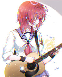  1girl acoustic_guitar angel_beats! blue_sailor_collar commentary english_commentary goslingwallows guitar hands_up highres holding holding_guitar holding_instrument instrument iwasawa_masami long_sleeves looking_ahead medium_hair music neckerchief parted_lips pink_neckerchief playing_guitar playing_instrument profile red_eyes red_hair sailor_collar shinda_sekai_sensen_uniform shirt signature sleeves_rolled_up solo sparkle upper_body v-shaped_eyebrows white_background white_shirt 