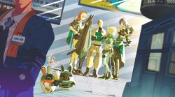 3boys 3girls absurdres agent_gulliver_(zenless_zone_zero) animal_ear_fluff animal_ears aqua_jacket armor arrow_(projectile) asaba_harumasa bangboo_(zenless_zone_zero) black_choker black_gloves black_hair black_necktie black_shoes black_skirt blue_horns blue_jacket blue_oni blue_skin blue_tail breasts choker clothes_around_waist colored_skin dress_shirt earpiece earrings faceless faceless_male fox_ears fox_girl from_behind glasses gloves hair_between_horns hashtag-only_commentary headband high-waist_skirt highres horns hoshimi_miyabi id_card jacket jewelry large_breasts long_hair multiple_boys multiple_girls musical_note naru9 necktie oni pants parted_bangs pencil_skirt pink_eyes pink_hair pointy_ears quiver sheath shirt shoes short_hair shoulder_armor skin-covered_horns skirt soukaku_(zenless_zone_zero) standing tsukishiro_yanagi two-tone_tail white_hair white_pants white_shirt yellow_headband zenless_zone_zero 