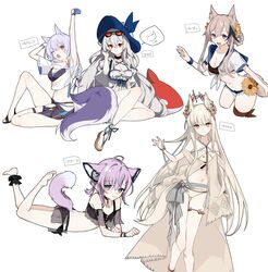  5girls alternate_costume animal_ear_fluff animal_ears arknights cardigan_(arknights) eyewear_on_head fox_ears fox_girl fox_tail goma_74umai highres horse_ears horse_girl horse_tail inflatable_orca inflatable_toy long_hair multiple_girls official_alternate_costume platinum_(arknights) platinum_(shimmering_dew)_(arknights) provence_(arknights) provence_(casual_vacation)_(arknights) skadi_(arknights) skadi_(waverider)_(arknights) sunglasses sussurro_(arknights) sussurro_(summer_flowers)_(arknights) swimsuit tail very_long_hair wolf_ears wolf_girl wolf_tail 