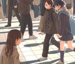  1boy 1girl backpack bag black_hair black_pants black_skirt black_socks boku_no_kokoro_no_yabai_yatsu brown_hair coat crowd day highres ichikawa_kyoutarou long_sleeves outdoors pants scarf shadow shoes skirt sneakers socks walking yamada_anna zumisan3 