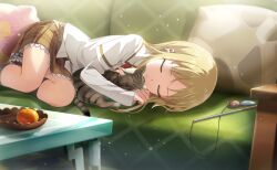  1girl animal artist_request baby_animal black_socks blonde_hair bow bowtie brown_skirt cat cat_teaser closed_eyes couch day dot_nose ear_piercing earrings eyelashes feet_out_of_frame food fruit game_cg highres holding holding_animal holding_cat hoop_earrings indoors jewelry kitten kneehighs lace-trimmed_skirt lace_trim layered_sleeves light_particles living_room long_hair long_sleeves lying magia_record:_mahou_shoujo_madoka_magica_gaiden mahou_shoujo_madoka_magica mahou_shoujo_madoka_magica_magia_exedra miniskirt multiple_earrings official_art on_couch on_side orange_(fruit) parted_lips piercing pillow plaid_clothes plaid_skirt pleated_skirt red_bow red_bowtie sailor_collar sakae_general_school_uniform school_uniform shirt short_over_long_sleeves short_sleeves skirt sleeping sleeves_past_wrists socks solo tabby_cat table third-party_source toy_mouse white_sailor_collar white_shirt yukino_kanae 