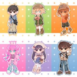  2girls 4boys :d :| \||/ absurdres adjusting_headphones animal_charm animal_ear_headphones animal_ears antenna_hair aqua_shoes aubrey_(birthday)_(omori) aubrey_(faraway)_(omori) aubrey_(omori) bag bag_charm baggy_pants ball bare_shoulders baseball_cap basil_(birthday)_(omori) basil_(faraway)_(omori) basil_(omori) basketball_(object) belt black_bag black_belt black_eyes black_hair black_shirt black_shorts blonde_hair blue_bow blue_eyes blue_jacket blue_outline blue_pants blue_ribbon blue_shoes blue_shorts blush boots border bow braid bright_pupils brother_and_sister brothers brown_bag brown_boots brown_hair brown_hat brown_overalls brown_pants brown_shoes camouflage camouflage_shorts cardigan cardigan_partially_removed character_bag character_charm character_doll charm_(object) chibi chibi_only chinese_commentary chocolate_chip_cookie closed_mouth clothes_writing clothing_cutout collared_jacket collared_shirt commentary_request converse cookie copyright_name crop_top cropped_shirt dark-skinned_male dark_skin deformed denim doll dot_nose double-parted_bangs double_horizontal_stripe drawstring ear_piercing elbow_carry english_text expressionless fake_animal_ears flower_wreath food forest_bunny?_(omori) full_body green_cardigan green_outline green_shoes grey_hat grey_hoodie grid_teeth grin hair_behind_ear hair_between_eyes hair_bow hair_ornament hairclip hand_up handbag hat head_wreath headphones headscarf hector_(omori) hero_(birthday)_(omori) hero_(faraway)_(omori) hero_(omori) highres holding holding_bag holding_ball holding_head_wreath holding_stuffed_toy hood hood_down hoodie jacket jeans kel_(birthday)_(omori) kel_(faraway)_(omori) kel_(omori) kneehighs layered_sleeves leg_hair legs_apart long_hair long_sleeves looking_at_viewer low_ponytail low_twin_braids male_focus mari_(birthday)_(omori) mari_(faraway)_(omori) mari_(omori) mari_(spirit)_(omori) mewo midriff mr._plantegg_(omori) multiple_boys multiple_girls navel newsboy_cap no_sclera official_alternate_costume official_alternate_hairstyle omori open_cardigan open_clothes open_jacket open_mouth orange_background orange_outline orange_shirt outline outside_border outstretched_arm overall_shorts overalls pants parallel_hairclips piercing pink_background pink_bag pink_cardigan pink_hair pink_outline plastic_bag ponytail puffy_long_sleeves puffy_sleeves purple_outline rabbit_ear_headphones rabbit_ears rainbrey_0801 ribbon ribbon-trimmed_pants shirt shoelaces shoes short-sleeved_jacket short_hair short_over_long_sleeves short_ponytail short_sleeves shorts shoulder_bag siblings sidelocks simple_background sleeveless sleeveless_turtleneck smile sneakers socks something_(omori) sparkle standing standing_on_one_leg star_(symbol) stuffed_toy sunny_(birthday)_(omori) sunny_(omori) sweater tareme thigh-highs torn_clothes torn_jeans torn_pants turtleneck turtleneck_shirt turtleneck_sweater twin_braids very_long_hair waving white_border white_cardigan white_headscarf white_jacket white_outline white_pupils white_shirt white_socks white_thighhighs yellow_outline 