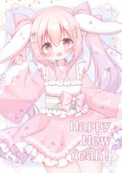  1girl :d blue_background blush bow commentary_request cowboy_shot frilled_kimono frilled_sash frilled_sleeves frills green_sash hair_between_eyes hair_bow hanasakichu hand_up happy_new_year highres japanese_clothes kimono long_hair long_sleeves looking_at_viewer obi open_mouth original pink_bow pink_eyes pink_hair pink_kimono sash sidelocks smile solo twintails twitter_username wide_sleeves 