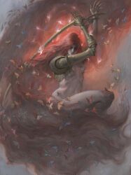  1girl absurdly_long_hair amputee bug butterfly commentary curtained_hair elden_ring facing_viewer floating_hair golden_sword grey_background highres holding holding_sword holding_weapon incoming_attack jectom19999 leg_up long_hair malenia_blade_of_miquella malenia_goddess_of_rot mechanical_arms prosthesis prosthetic_arm red_hair solo sword very_long_hair weapon 