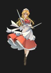  1girl absurdres apron back_bow black_background black_ribbon blonde_hair boots bow brown_boots collared_dress commentary_request crossed_arms devilmaysong dress frilled_apron frilled_cuffs frills full_body hair_intakes highres holding holding_sword holding_weapon lace-up_boots legs_together long_hair looking_at_viewer maid maid_apron maid_headdress parted_lips puffy_short_sleeves puffy_sleeves red_dress ribbon short_sleeves simple_background solo standing sword touhou weapon white_apron white_bow white_headdress white_wrist_cuffs wrist_cuffs yellow_eyes yumeko_(touhou) 