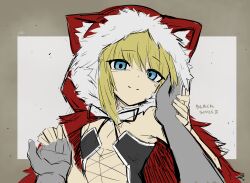  1girl absurdres animal_ear_hood animal_ears bare_arms bare_shoulders black_souls black_souls_2 blank_eyes cloak commentary english_commentary fur-trimmed_cloak fur_trim hand_on_another's_face highres holding_hands hood hooded_cloak light_smile looking_at_viewer pale_skin petite pov red_hood_(black_souls) revealing_clothes sollyz 