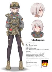  1girl alvin_art15 assault_rifle bandaid bandaid_on_face black_thighhighs character_profile commentary controller english_commentary english_text full_body goggles grey_hoodie gun highres holding holding_controller hood hoodie kalashnikov_rifle load_bearing_vest military_combat_uniform military_uniform original red_eyes rifle russian_ground_forces solo sparta_battalion standing thigh-highs torn_clothes torn_thighhighs twitter_username weapon white_hair z_(russian_symbol) 