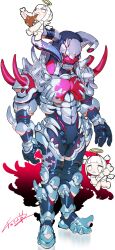  1boy absurdres angel armor black_bodysuit bodysuit broken_horn cheri_zao full_body highres horns male_focus mini_person monster original shoulder_spikes signature simple_background solo_focus spikes white_armor white_background 