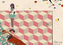  1girl arms_behind_back car dark-skinned_female dark_skin dated faceless faceless_female flower highres himemiya_anthy long_hair motor_vehicle pink_flower pink_rose purple_hair red_car red_flower red_rose relanoy rose school_uniform shoujo_kakumei_utena signature white_flower white_rose 