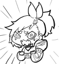  1girl @_@ bandana bandana_around_neck chibi chinese_commentary commentary_request detached_sleeves embarrassed emphasis_lines fang girls_frontline greyscale hair_between_eyes hair_ornament hair_ribbon hands_up hood hood_down hooded_jacket jacket klin_(girls'_frontline) letter_hair_ornament lowres monochrome nervous_sweating official_artist_extra open_mouth ponytail ribbon short_hair simple_background sleeveless sleeveless_jacket solo sweat thick_eyebrows waterkuma wavy_mouth white_background 