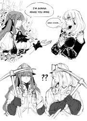  2girls ? ?? ascot bait_and_switch bang_dream! bang_dream!_it's_mygo!!!!! blush clothing_cutout collared_shirt corset doloris_(bang_dream!) dress earrings elbow_gloves english_text flower gloves greyscale highres holding holding_pickaxe jacket jewelry long_hair looking_at_another medium_hair mining_helmet misumi_uika monochrome multiple_girls oblivionis_(bang_dream!) pankoryo pickaxe pun rose shirt shoulder_cutout sparkle speech_bubble togawa_sakiko two_side_up yuri 