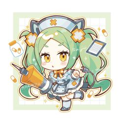  1girl black_shoes blue_hat blush bow bowtie chibi chibi_only commentary dot_nose dress frilled_sleeves frills full_body grey_socks hat highres holding holding_syringe kneehighs long_hair long_sleeves looking_at_viewer open_mouth orange_bow orange_bowtie original outline parted_bangs pill saijo1201 shoes sidelocks signature socks solo sparkle standing standing_on_one_leg striped_bow striped_bowtie striped_clothes symbol-only_commentary syringe thick_eyebrows twintails very_long_hair watermark white_background white_dress yellow_eyes 