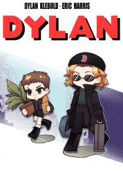  2boys :3 a1binos1ug absurdres animification antenna_hair arms_at_sides bag baguette belt black_belt black_boots black_coat black_gloves black_hat black_jacket black_pants black_shorts blonde_hair blue_background blue_bag boots bread brown_hair character_name closed_mouth coat commentary_request curtained_hair dylan_klebold ear_piercing eric_harris fingerless_gloves flower_pot food frown full_body gloves green_eyes grey_bag grey_sweater hair_behind_ear hat highres holding holding_bag holding_flower_pot holding_food jacket knee_boots kneehighs lace-up_boots lapels letterboxed long_sleeves looking_ahead mole mole_under_eye mole_under_mouth multiple_boys open_clothes open_coat open_jacket outline outside_border pants piercing plant potted_plant puffy_long_sleeves puffy_sleeves purple_background purple_shirt real_life shirt short_hair shorts simple_background socks standing standing_on_one_leg sunglasses sweater trench_coat turtleneck turtleneck_sweater v-shaped_eyebrows very_short_hair walking white_outline white_socks 