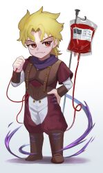  1boy absurdres blonde_hair blood blood_bag commentary_request deformed dio_brando full_body hand_on_own_hip highres intravenous_drip jojo_no_kimyou_na_bouken long_sleeves looking_at_viewer magurosamm male_focus phantom_blood red_eyes simple_background solo standing 