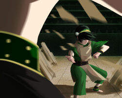  1boy 1girl absurdres ankle_cuffs audience avatar:_the_last_airbender avatar_legends barefoot battle belt black_hair black_pants blind capri_pants china_dress chinese_clothes clenched_hand close-up closed_mouth commentary crowd debris dekain dress element_bending english_text facing_to_the_side fighting_stance floating_rock foot_out_of_frame geokinesis gold_hairband gold_trim green_belt green_eyes green_hairband green_pants green_shirt green_sleeves green_trim green_wrist_cuffs hair_bun hair_ornament hairband highres light_smile lunging multicolored_hairband out_of_frame outstretched_arm pants pelvic_curtain people pom_pom_(clothes) pom_pom_hair_ornament shadow shirt short_hair short_sleeves single_hair_bun standing toph_beifong two-tone_hairband wide_belt wrist_cuffs 