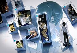  1boy against_glass black_eyes black_hair box broken_glass closed_eyes collared_shirt commentary_request crow's_eye_view_(e.g.o) curled_up different_reflection e.g.o_(project_moon) encasement full_body glass glass_floor hand_on_glass hand_up highres icco_ho limbus_company long_sleeves looking_at_another multiple_persona multiple_views official_alternate_costume project_moon reflection ring_(identity)_(project_moon) shirt short_hair size_difference spicebush_(e.g.o) standing suspenders w_corp._(identity)_(project_moon) white_shirt yi_sang_(project_moon) 