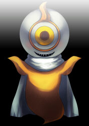  1girl black_background blush cape colored_skin commentary ghost ghost_tail gradient_background highres kamen_rider kamen_rider_ghost_(series) looking_at_viewer no_humans one-eyed orange_skin outstretched_arms sharp_teeth shirasau_(gatyapinn0000) smile solo teeth tokusatsu white_background white_cape yellow_eyes yurusen 