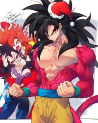 black_hair blue_eyes blue_sash closed_mouth dougi dragon_ball dragon_ball_gt gloves gogeta highres long_hair male_focus metamoran_vest monkey_boy monkey_tail multiple_boys muscular muscular_male ommmyoh open_mouth pants red_fur saiyan sash smile son_goku spiky_hair super_saiyan super_saiyan_4 tail twitter_username vegeta wristband yellow_pants 